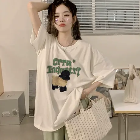 街头风情侣正肩t恤女oversize大码纯棉夏季美式ins潮复古短袖上衣商品大图