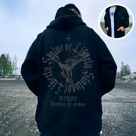 春秋季美式宽松加肥加大码男装连帽加绒拉链开衫胖子男士卫衣外套图片