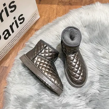 雪地靴女2023年新款冬加绒加厚皮面防水防滑短筒一脚蹬保暖棉鞋女图片