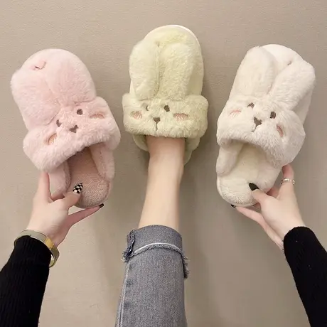 小兔子可爱卡通毛绒包头棉拖鞋女秋冬季学生宿舍居家防滑保暖拖鞋商品大图