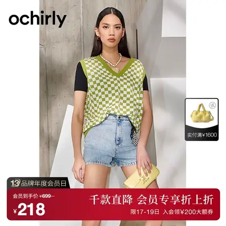 【首降】欧时力新款夏装格子挂饰高腰牛仔短裤女1WH212627N商品大图