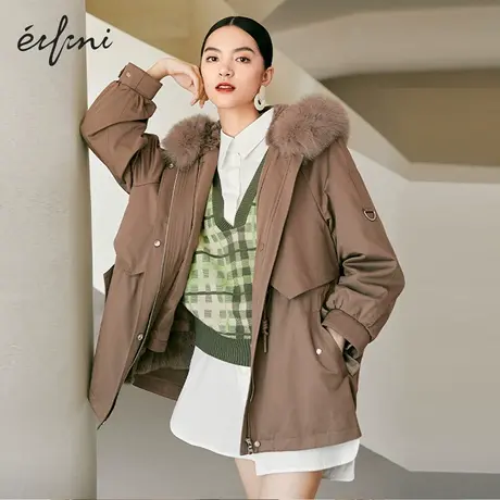 【商场同款】伊芙丽短外套女2021年冬季新款毛领派克服1CB213081图片