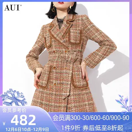 AUI卡其色美拉德风毛呢外套女2023秋冬新款欧货中长款呢子大衣厚图片