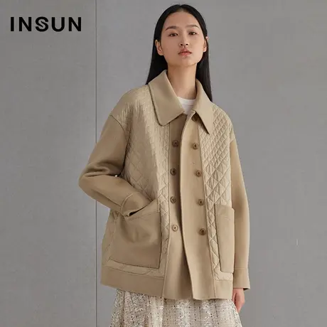 INSUN恩裳春季双排扣驼色棉衣毛呢外套图片