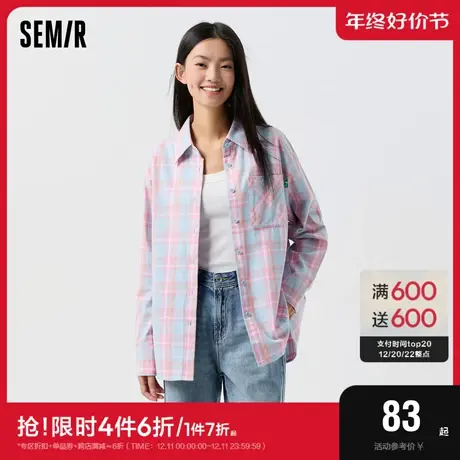 森马长袖衬衫女中长款纯棉衬衣宽松气质春季复古格纹上衣温柔甜美图片