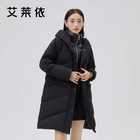 艾莱依冬季新款羽绒服女款时尚双门襟中长款冬季保暖鸭绒连帽外套商品大图
