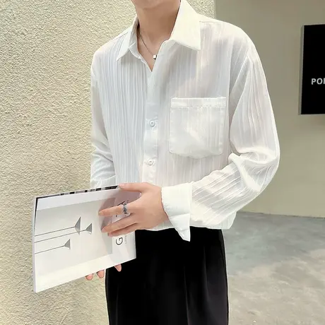 春秋季长袖衬衫男高级感宽松纯色衬衣休闲韩版竖条纹通勤寸衫上衣商品大图