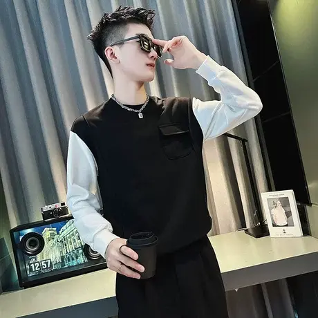 重磅拼接假两件卫衣春秋季高级感潮流ins学生长袖T恤个性上衣休闲商品大图