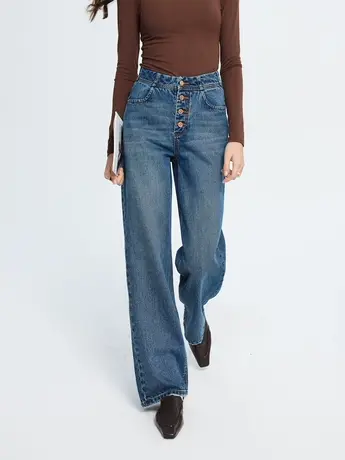 欧货排扣复古牛仔阔腿长裤女2024春季新款显瘦百搭高腰宽松老爹裤商品大图