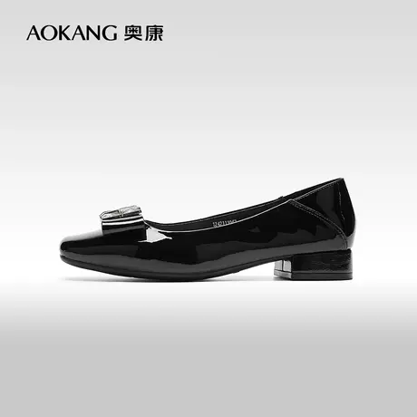 【门店发货】奥康女鞋新款真皮亮面浅口单鞋水钻方扣银色商品大图