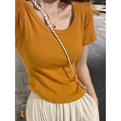ins超火短款半袖T恤女早春夏纯棉U领短袖上衣装修身显瘦打底小衫商品大图