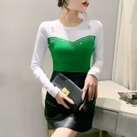 欧货女装气质拼接撞色烫钻长袖打底衫洋气内塔上衣女修身百塔T恤商品大图