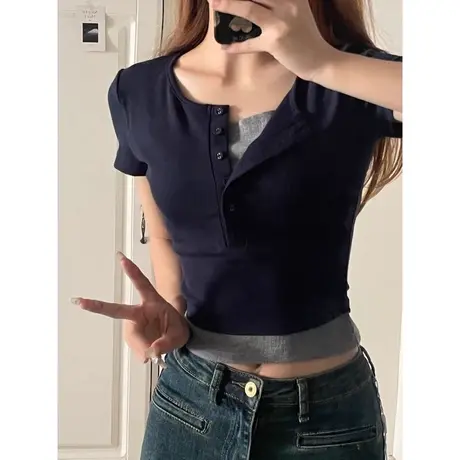 假两件纽扣短款短袖T恤女春夏百搭韩版修身辣妹上衣服设计感小众商品大图