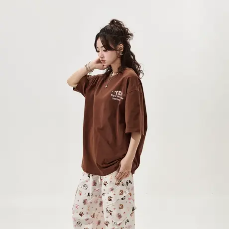 YEP复古印花短袖t恤女2024新款春夏美拉德穿搭情侣装宽松潮牌上衣商品大图