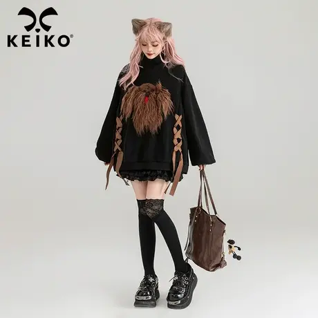 KEIKO [可拆毛绒狗] 甜酷黑色半高领卫衣24春季绑带设计宽松外套商品大图