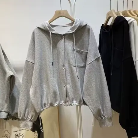 纽扣开衫长袖外套女春秋装韩版宽松显瘦chic港味薄款连帽上衣潮商品大图