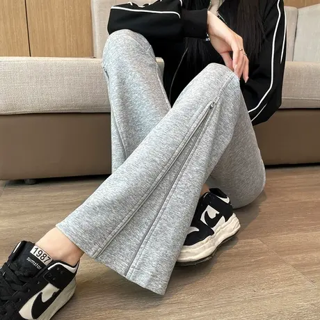 灰色针织微喇裤2024春秋新款高腰窄版宽松垂感小个子修身拖地卫裤商品大图