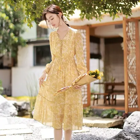 【直播间闪降】香影长袖碎花连衣裙女2023秋季新款流苏系带裙子图片