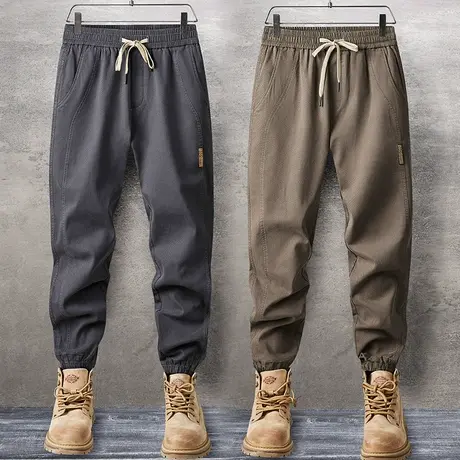 潮牌痞帅九分休闲裤子春秋款男生松紧腰束脚哈伦工装2024新款男裤商品大图