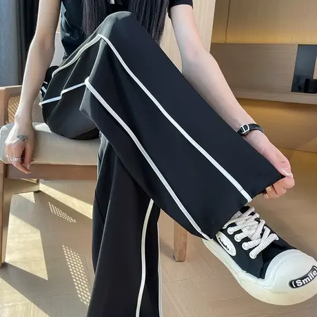 侧条纹阔腿裤女春秋2024新款宽松休闲白色运动裤高腰直筒拖地卫裤商品大图