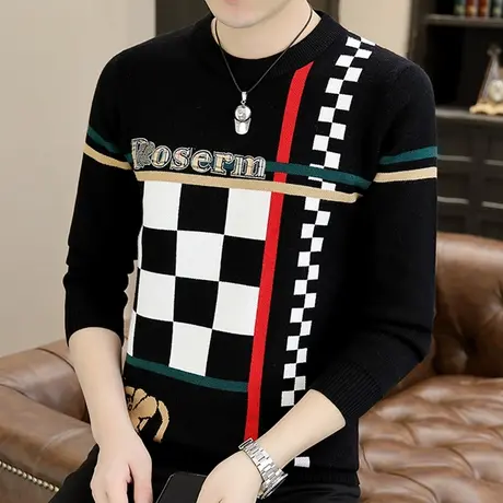 2023秋冬季毛衣男韩版潮流提花休闲长袖打底针织衫青年大码毛线衣商品大图