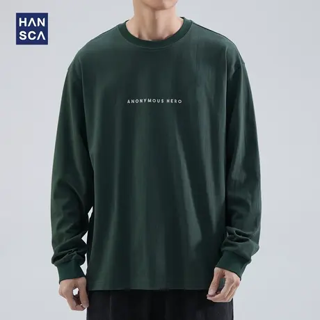 hansca长袖t恤男日系复古春季新款潮牌高街休闲圆领纯棉印花上衣图片