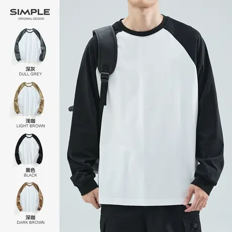 hansca重磅纯棉长袖t恤男秋冬款日系宽松卫衣圆领插肩袖打底衫男商品大图