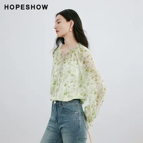 红袖温柔碎花抽褶套头上衣hopeshow2024春季新款休闲通勤雪纺衫图片