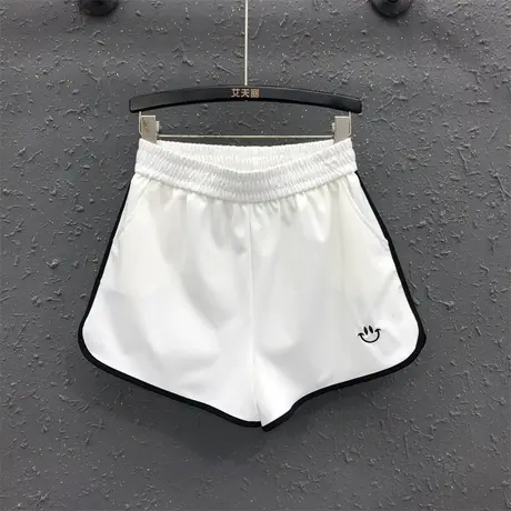 欧货韩版休闲裤女2024春夏新款白色松紧腰笑脸刺绣洋气阔腿短裤潮图片