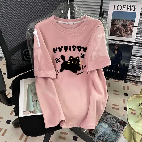 韩系chic大码t恤女2024夏季学院甜美风纯棉短袖ins潮粉色减龄上衣商品大图