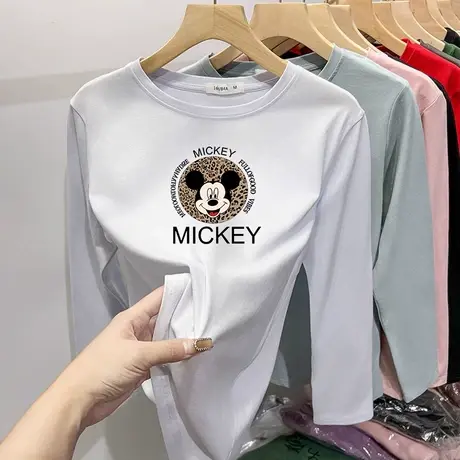 白色t恤女长袖春季纯棉正肩设计感小众米奇印花打底衫内搭上衣秋商品大图