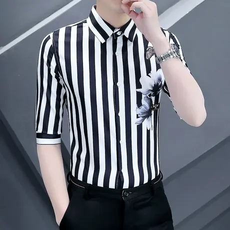 夏装免烫七分中袖衬衫男士潮牌痞帅气时尚条纹花衬衣韩版休闲短袖商品大图