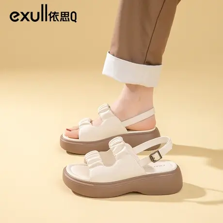 依思q今年新款凉鞋女夏季2024年新款松糕褶皱一字小香风厚底鞋女商品大图