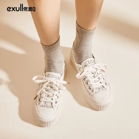 依思q厚底帆布鞋女学院风休闲女鞋ulzzang鞋子新款秋季格子饼干鞋图片