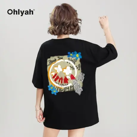 Ohlyah潮牌黑色纯棉短袖t恤女宽松韩版圆领2023年新款情侣装上衣图片