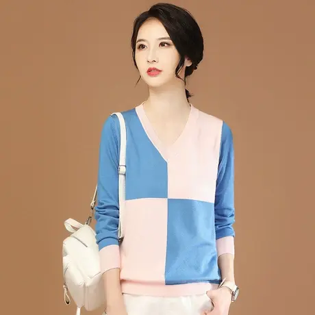 韩潮袭人V领宽松拼色内搭针织衫毛衣女2023早秋季新款长袖上衣薄商品大图