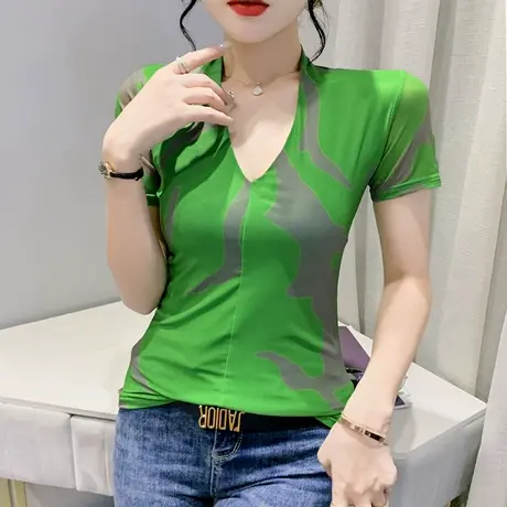 时尚百搭网纱T恤女短袖2023新款欧货扎染印花上衣紧身V领小衫半袖商品大图