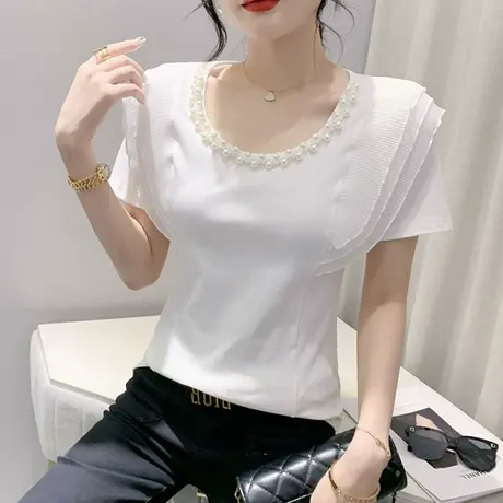 时尚木耳边短袖T恤女欧货设计感钉珠圆领上衣夏季修身气质小衫潮商品大图