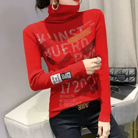 洋气堆堆高领针织衫女秋冬欧货紧身套头毛衣长袖字母烫钻打底上衣商品大图