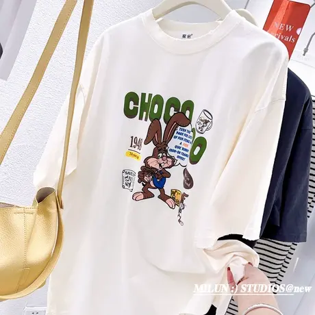 2023春夏款高级感上衣韩国东大门ins兔子复古美式字母半袖T恤宽松商品大图