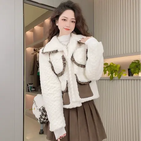 温柔韩系小香风高级感羊羔毛外套气质名媛毛呢加厚夹棉女秋冬新款商品大图