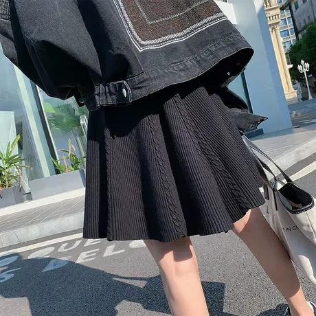 2023秋冬新款黑色高腰显瘦针织半身裙子女小个子a字百褶短裙外穿图片