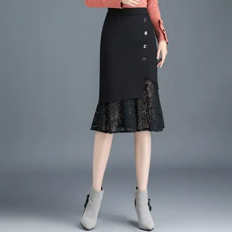 包臀鱼尾裙半身裙女春秋不规则拼接蕾丝裙2023新款显瘦通勤一步裙图片