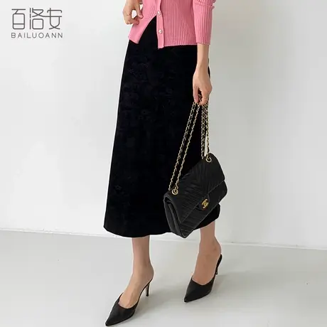 百洛安设计感小众丝绒包臀半身裙女秋时尚复古高腰百搭中长款裙子图片