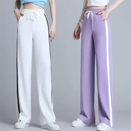 休闲运动裤女高腰宽松直筒裤子2023春装新款松紧腰高街垂感阔腿裤图片