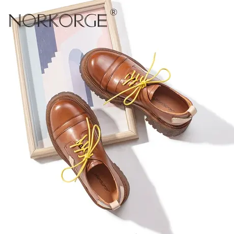 2023新款英伦复古棕色系带小皮鞋女鞋真皮圆头厚底防滑配裙子单鞋商品大图