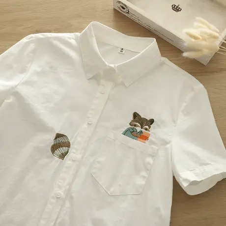 夏装文艺小清新减龄白衬衫女短袖刺绣花百搭上衣学生宽松纯棉衬衣图片