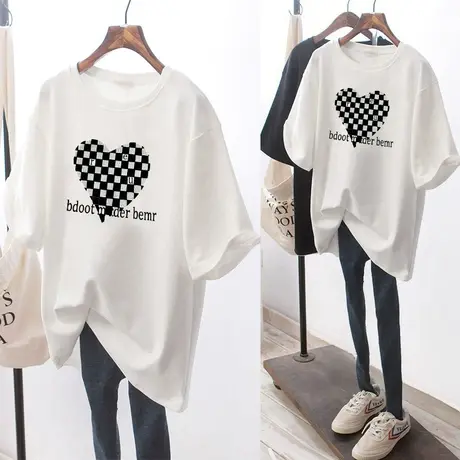 白色大版t恤女五分袖纯棉大码短袖中长款遮屁股原宿风半袖上衣潮商品大图