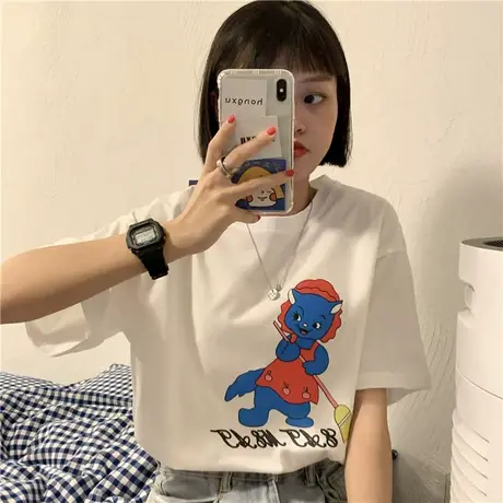 卡通2023韩版新款港味ins潮纯棉宽松短袖T恤女上衣ulzzang原宿风图片