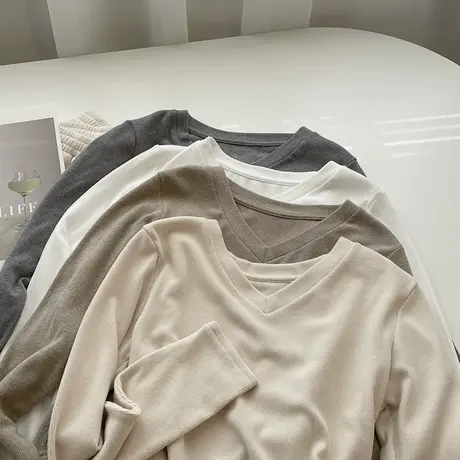 时髦V领显瘦打底衫2023春秋新款百搭弹力修身显身材短款长袖t恤女商品大图